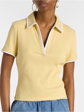 Veronica Beard Kearney Polo Tee Butter Yellow Ribbed Contrast Piping Preppy L